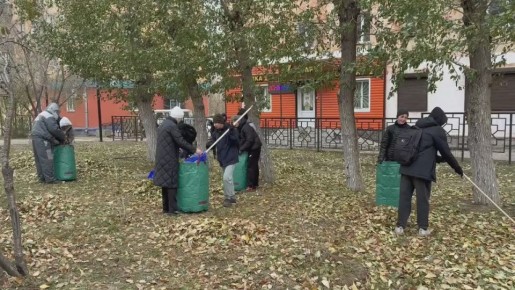 Сотрудники МБУ «Городское лесничество» и студенты Улан-Удэнского колледжа железнодорожного транспорта убрали крупную листву в бульваре «Сиреневый» в рамках месячника чистоты