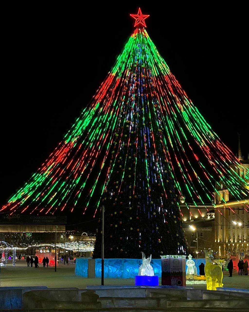 Новогодние ёлки Улан-Удэ в вечернем убранстве
