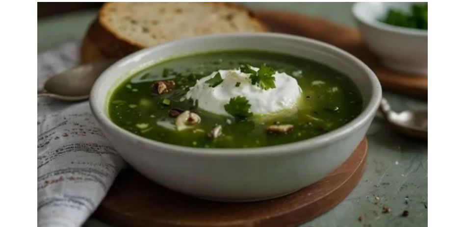 Зелёный борщ с морепродуктами и зелёным маслом